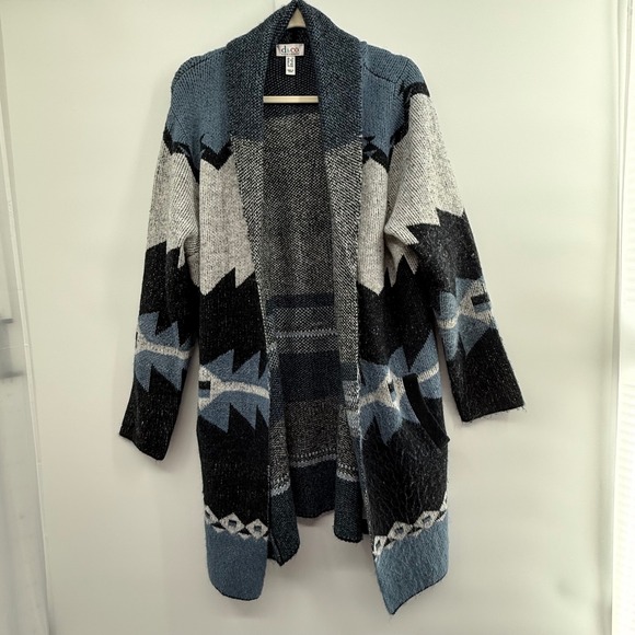 Denim & Co 1X Aztec Western Knit Cardigan Longline Open Front Blue Gray QVC - Picture 1 of 4